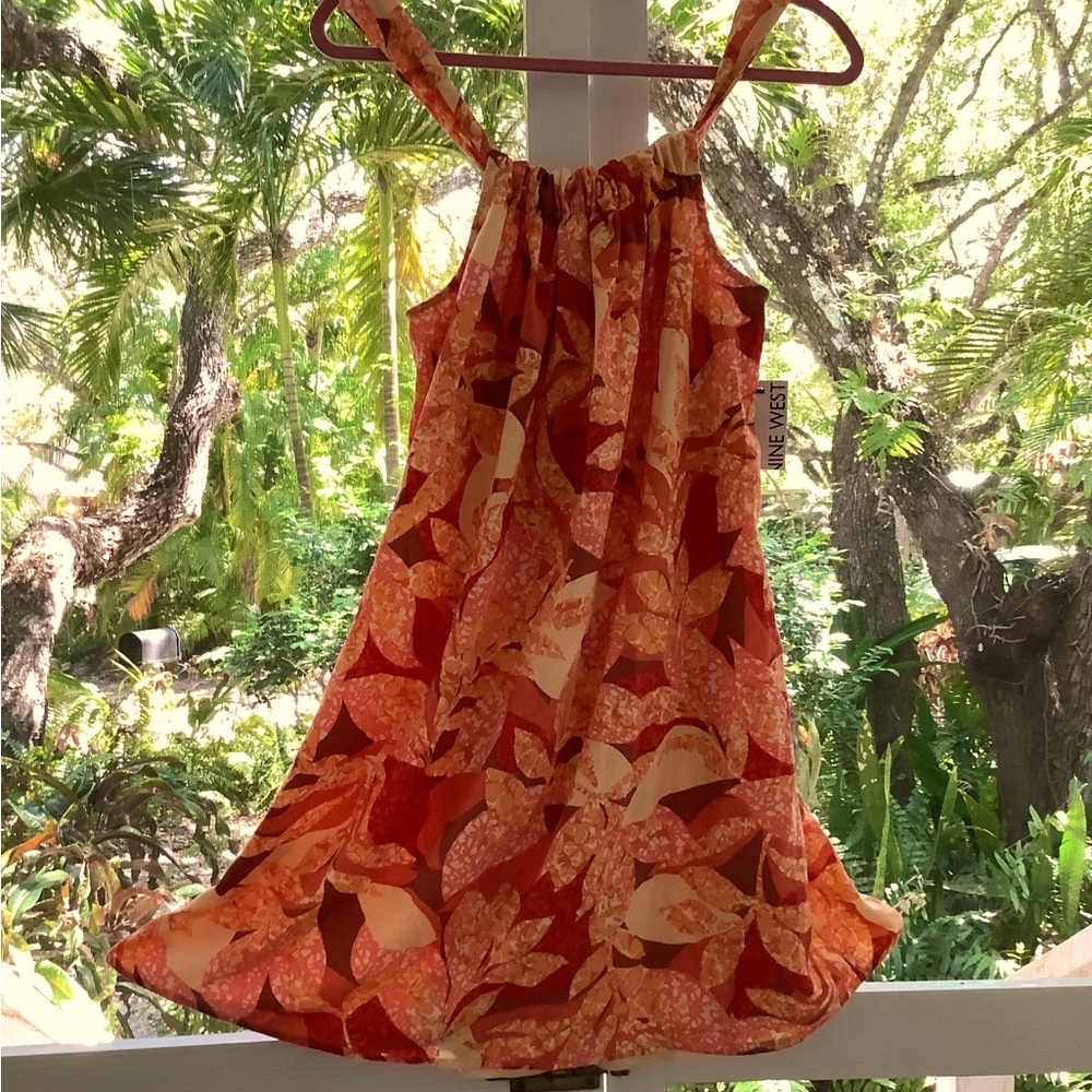 Nine West NWOT Small Swing Sundress Tropical Sunset Colors Mini Bow In T…